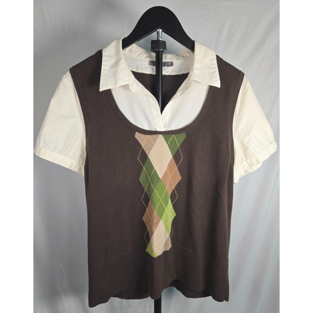 Brown Argyle Faux Layered Sweater Top XL Preppy Academia Y2K Twee School Girl
